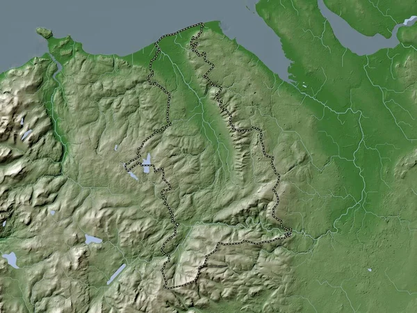 Denbighshire, Galler Bölgesi - Büyük Britanya. Yükseklik haritası göller ve nehirlerle wiki stilinde renklendirilmiştir