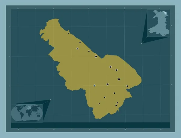威尔士地区弗林特郡 大不列颠 固体的颜色形状 该区域主要城市的所在地点 角辅助位置图 — 图库照片