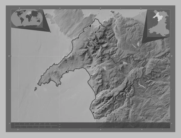 Gwynedd Region Wales Great Britain Grayscale Elevation Map Lakes Rivers — Stock Photo, Image