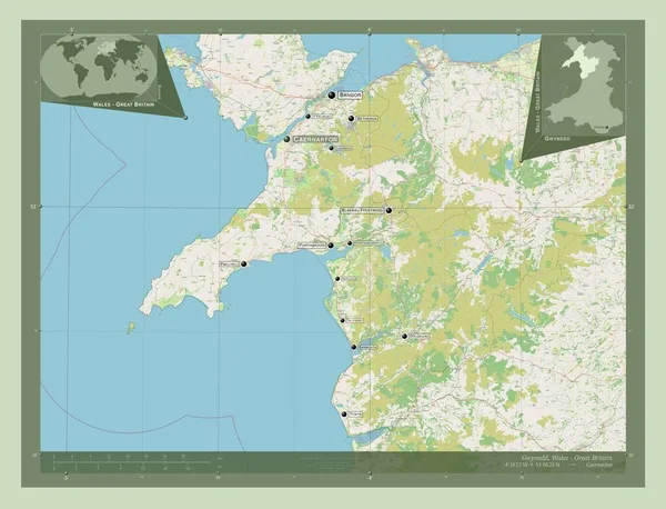 Gwynedd 威尔士地区 大不列颠 开放街道地图 该区域主要城市的地点和名称 角辅助位置图 — 图库照片