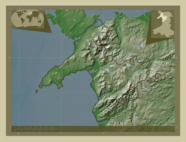 Gwynedd 威尔士地区 大不列颠 用Wiki风格绘制的带有湖泊和河流的高程地图 角辅助位置图 — 图库照片
