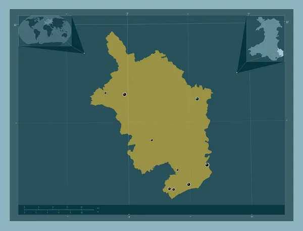蒙茅斯郡 威尔士地区 大不列颠 固体的颜色形状 该区域主要城市的所在地点 角辅助位置图 — 图库照片