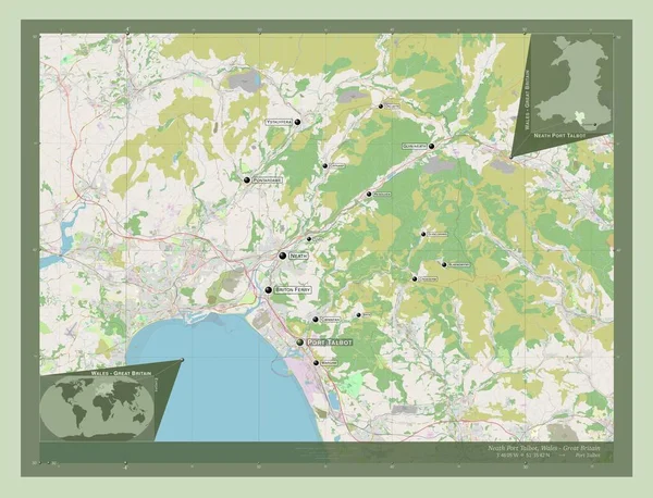 ウェールズの地域 ポートタルボットの近く グレートブリテン島 ストリートマップを開く 地域の主要都市の位置と名前 コーナー補助位置図 — ストック写真