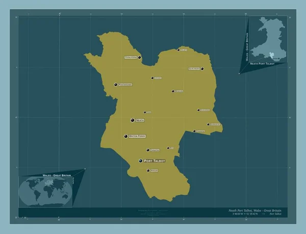 ウェールズの地域 ポートタルボットの近く グレートブリテン島 しっかりした色の形 地域の主要都市の位置と名前 コーナー補助位置図 — ストック写真