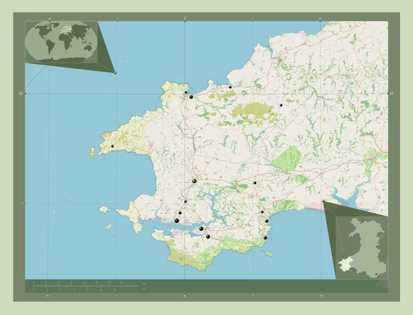 威尔士地区彭布罗克郡 大不列颠 开放街道地图 该区域主要城市的所在地点 角辅助位置图 — 图库照片