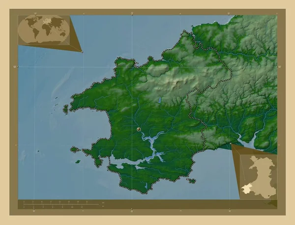 Пембрукшир Регион Уэльса Великобритания Цветная Карта Высоты Озерами Реками Вспомогательные — стоковое фото