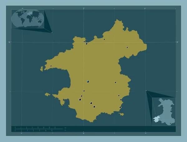 ペンブロークシャー ウェールズの地域 イギリス しっかりした色の形 地域の主要都市の場所 コーナー補助位置図 — ストック写真