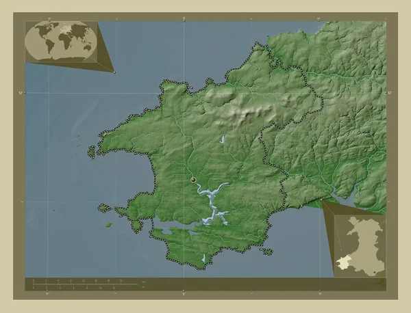 威尔士地区彭布罗克郡 大不列颠 用Wiki风格绘制的带有湖泊和河流的高程地图 角辅助位置图 — 图库照片