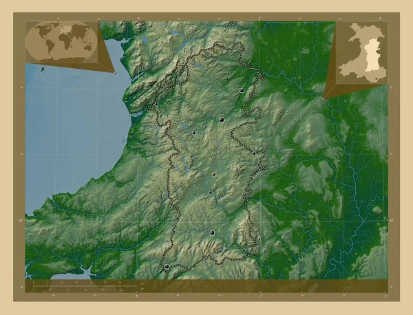 Поуис Регион Уэльса Великобритания Цветная Карта Высоты Озерами Реками Места — стоковое фото