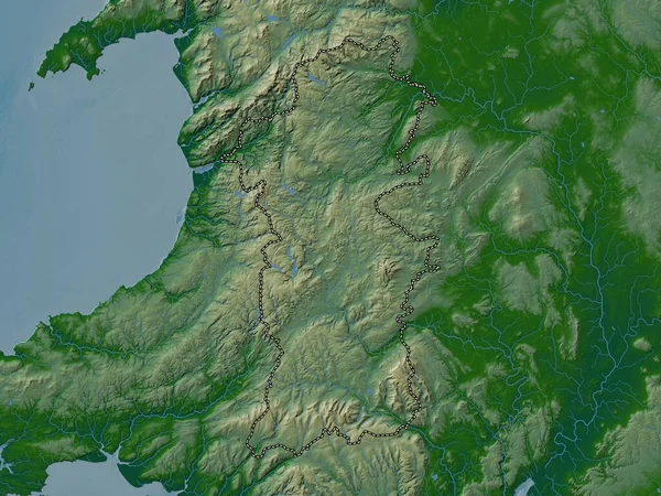 Powys Região Gales Grã Bretanha Mapa Elevação Colorido Com Lagos — Fotografia de Stock