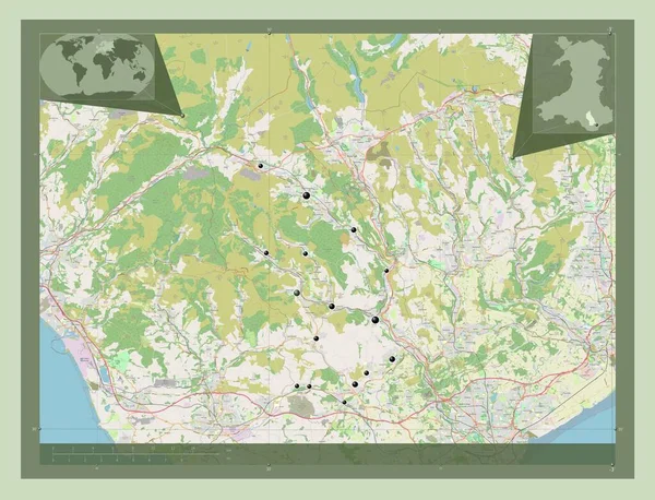 Rhondda Cynon Taf 威尔士地区 大不列颠 开放街道地图 该区域主要城市的所在地点 角辅助位置图 — 图库照片