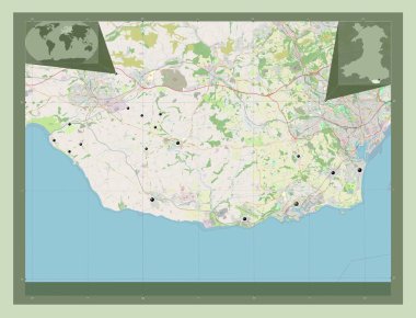 Glamorgan Vadisi, Galler Bölgesi - Büyük Britanya. Açık Sokak Haritası. Bölgenin büyük şehirlerinin yerleri. Köşedeki yedek konum haritaları