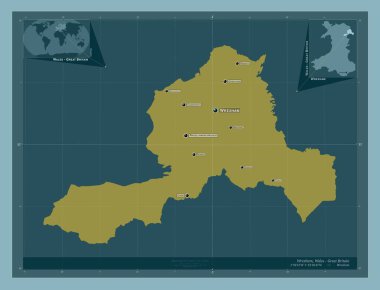 Wrexham, region of Wales - Great Britain. Solid color shape. Locations and names of major cities of the region. Corner auxiliary location maps clipart