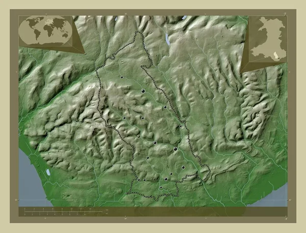 Rhondda Cynon Taf 威尔士地区 大不列颠 用Wiki风格绘制的带有湖泊和河流的高程地图 该区域主要城市的所在地点 角辅助位置图 — 图库照片