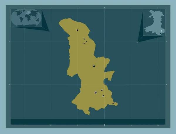 トーフェーン ウェールズの地域 イギリス しっかりした色の形 地域の主要都市の場所 コーナー補助位置図 — ストック写真