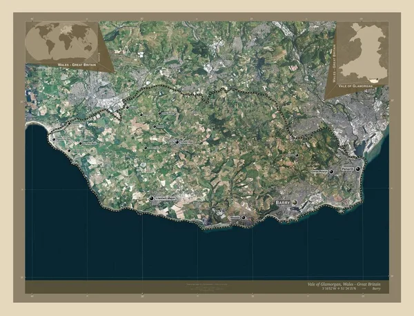 格拉摩根谷 威尔士地区 大不列颠 高分辨率卫星地图 该区域主要城市的地点和名称 角辅助位置图 — 图库照片