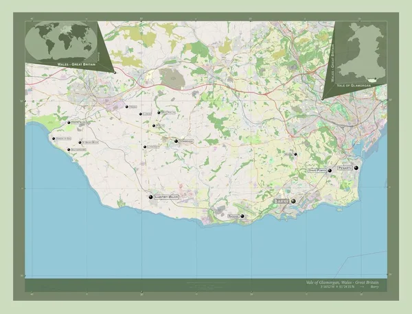 Glamorganの谷 ウェールズの地域 イギリス ストリートマップを開く 地域の主要都市の位置と名前 コーナー補助位置図 — ストック写真