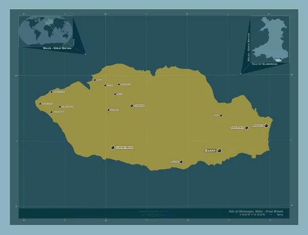 格拉摩根谷 威尔士地区 大不列颠 固体的颜色形状 该区域主要城市的地点和名称 角辅助位置图 — 图库照片