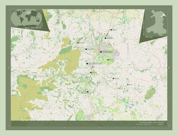 Wrexham 威尔士地区 大不列颠 开放街道地图 该区域主要城市的地点和名称 角辅助位置图 — 图库照片
