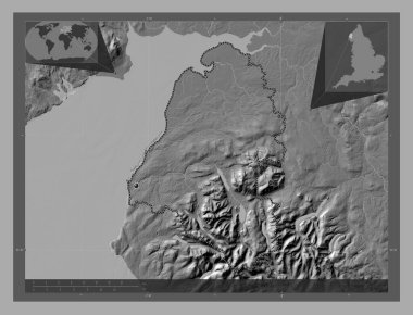 Allerdale, İngiltere 'nin metropolitan olmayan bölgesi, Büyük Britanya. Göllü ve nehirli çift katlı yükseklik haritası. Köşedeki yedek konum haritaları