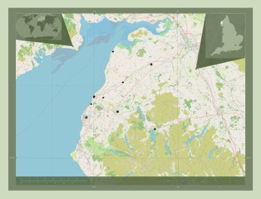 Allerdale, İngiltere 'nin metropolitan olmayan bölgesi, Büyük Britanya. Açık Sokak Haritası. Bölgenin büyük şehirlerinin yerleri. Köşedeki yedek konum haritaları