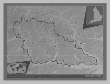 Babergh, İngiltere 'nin metropolitan olmayan bölgesi - Büyük Britanya. Gölleri ve nehirleri olan gri tonlama yükseklik haritası. Bölgenin büyük şehirlerinin yerleri ve isimleri. Köşedeki yedek konum haritaları