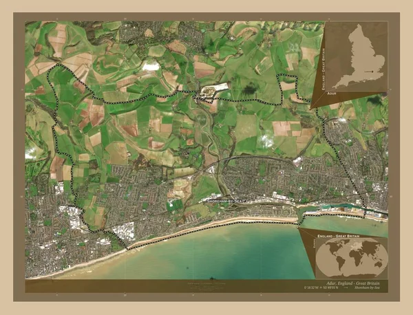 イギリスの非大都市圏アドル イギリス 低解像度衛星地図 地域の主要都市の位置と名前 コーナー補助位置図 — ストック写真