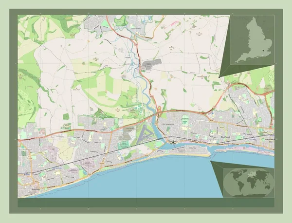 イギリスの非大都市圏アドル イギリス ストリートマップを開く 地域の主要都市の場所 コーナー補助位置図 — ストック写真