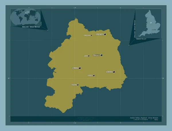 琥珀谷 英格兰的非都市地区 大不列颠 固体的颜色形状 该区域主要城市的地点和名称 角辅助位置图 — 图库照片