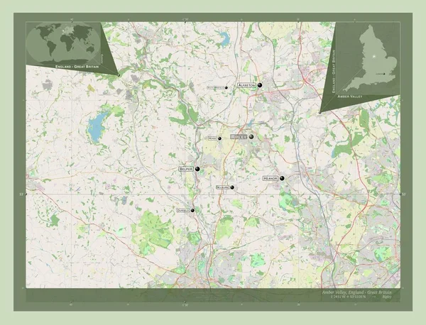 琥珀谷 英格兰的非都市地区 大不列颠 开放街道地图 该区域主要城市的地点和名称 角辅助位置图 — 图库照片