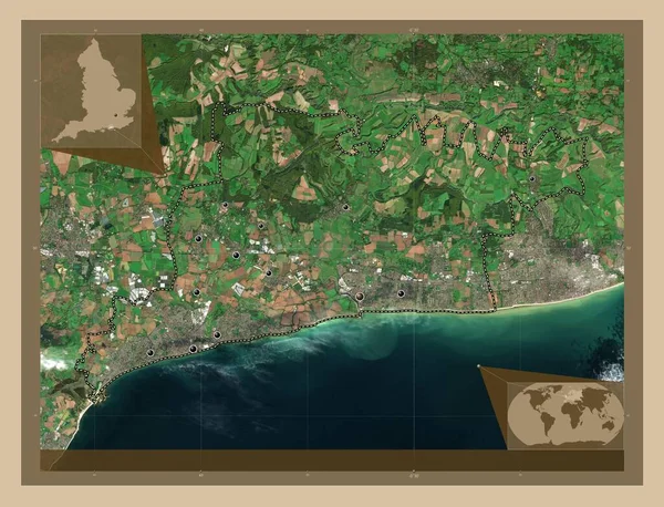 英格兰的非大都市地区 大不列颠 低分辨率卫星地图 该区域主要城市的所在地点 角辅助位置图 — 图库照片