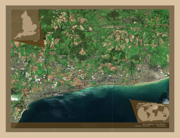 英格兰的非大都市地区 大不列颠 低分辨率卫星地图 该区域主要城市的地点和名称 角辅助位置图 — 图库照片