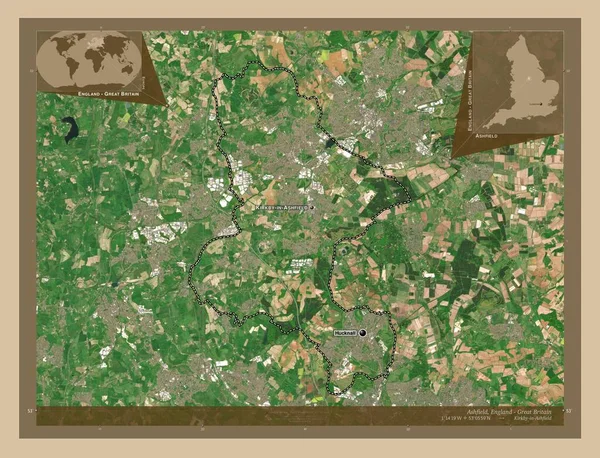 阿什菲尔德 英格兰的非大都市地区 大不列颠 低分辨率卫星地图 该区域主要城市的地点和名称 角辅助位置图 — 图库照片