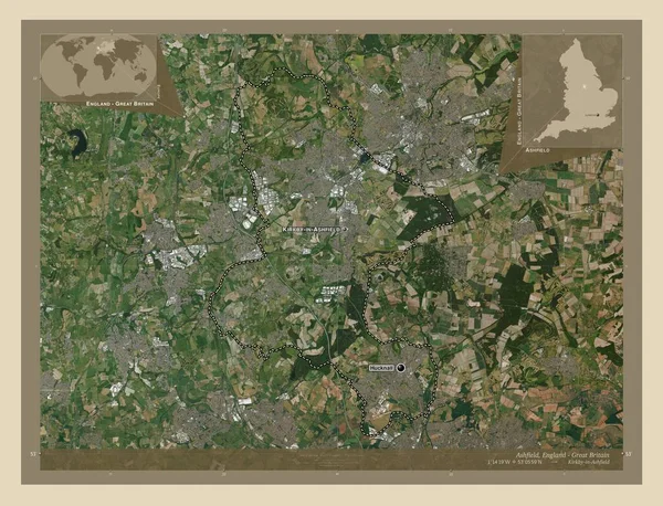 イングランドの首都圏ではない地域 アシュフィールド イギリス 高解像度衛星地図 地域の主要都市の位置と名前 コーナー補助位置図 — ストック写真