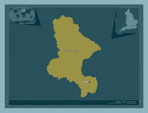 イングランドの首都圏ではない地域 アシュフィールド イギリス しっかりした色の形 地域の主要都市の位置と名前 コーナー補助位置図 — ストック写真