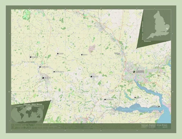 イングランドの首都圏ではない地区 ババーグ イギリス ストリートマップを開く 地域の主要都市の位置と名前 コーナー補助位置図 — ストック写真