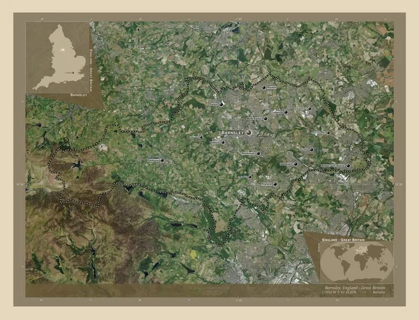 イングランドの行政郡 バーンズリー イギリス 高解像度衛星地図 地域の主要都市の位置と名前 コーナー補助位置図 — ストック写真