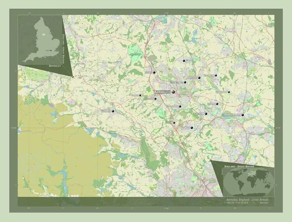 イングランドの行政郡 バーンズリー イギリス ストリートマップを開く 地域の主要都市の位置と名前 コーナー補助位置図 — ストック写真