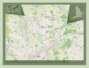Bolsover, İngiltere 'nin metropolitan olmayan bölgesi - Büyük Britanya. Açık Sokak Haritası. Bölgenin büyük şehirlerinin yerleri ve isimleri. Köşedeki yedek konum haritaları