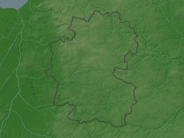 Breckland, İngiltere 'nin metropolitan olmayan bölgesi - Büyük Britanya. Yükseklik haritası göller ve nehirlerle wiki stilinde renklendirilmiştir