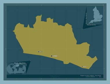 Brighton ve Hove, İngiltere 'nin üniter otoritesi - Büyük Britanya. Katı renk şekli. Bölgenin büyük şehirlerinin yerleri ve isimleri. Köşedeki yedek konum haritaları