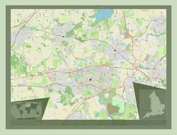 Basildon, İngiltere 'nin metropolitan olmayan bölgesi - Büyük Britanya. Açık Sokak Haritası. Bölgenin büyük şehirlerinin yerleri. Köşedeki yedek konum haritaları