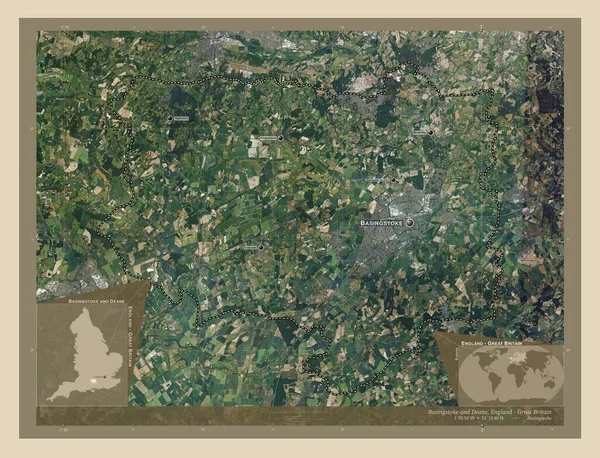 Basingstoke和Deane 英国非大都市地区 高分辨率卫星地图 该区域主要城市的地点和名称 角辅助位置图 — 图库照片