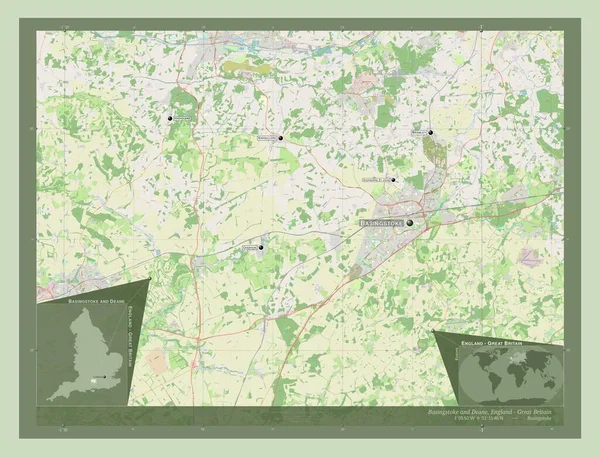 ベーシングストークとディーン イギリスの首都圏ではない地区 イギリス ストリートマップを開く 地域の主要都市の位置と名前 コーナー補助位置図 — ストック写真
