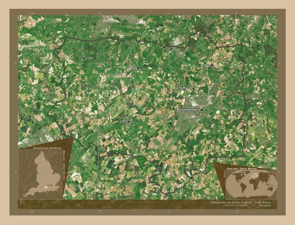 Basingstoke和Deane 英国非大都市地区 低分辨率卫星地图 该区域主要城市的地点和名称 角辅助位置图 — 图库照片