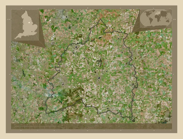 イングランドの非大都市圏バセット法 英語版 イギリス 高解像度衛星地図 地域の主要都市の場所 コーナー補助位置図 — ストック写真