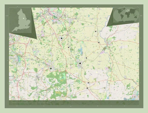 イングランドの非大都市圏バセット法 英語版 イギリス ストリートマップを開く 地域の主要都市の場所 コーナー補助位置図 — ストック写真