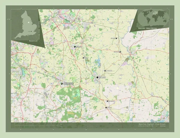 イングランドの非大都市圏バセット法 英語版 イギリス ストリートマップを開く 地域の主要都市の位置と名前 コーナー補助位置図 — ストック写真
