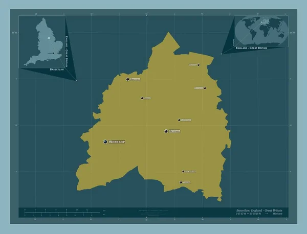英国非都市地区的巴士底狱 大不列颠 固体的颜色形状 该区域主要城市的地点和名称 角辅助位置图 — 图库照片