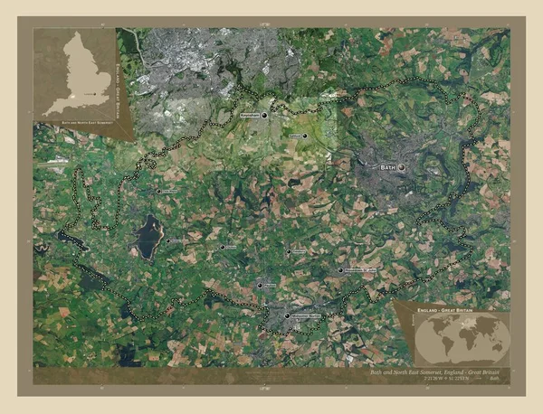 バースとノースイーストサマセット イギリスの統一当局 イギリス 高解像度衛星地図 地域の主要都市の位置と名前 コーナー補助位置図 — ストック写真